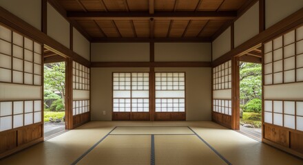 伝統的な日本家屋の和室と障子、畳の広々とした空間