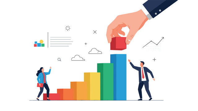 Giant hand placing a final red block on a rising colorful bar chart while small business people watch the progress and success unfold.