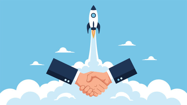 Two business hands shaking in agreement while a space rocket launches into the sky above clouds representing a successful partnership or deal.