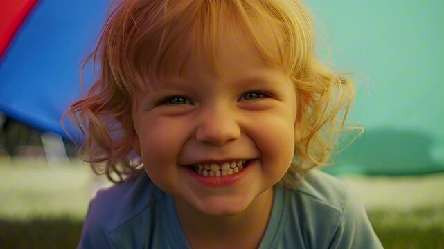 Little child smiling and hiding under a colorful parachute outdoors on a sunny day, playful childhood, outdoor fun.