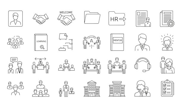 A set of minimalist line art icons representing various human resources concepts