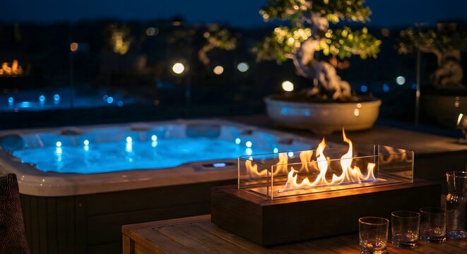 Luxury outdoor backyard patio at night featuring a modern hot tub with blue led lights, a fire pit, and a bonsai tree for a relaxing wellness atmosphere.