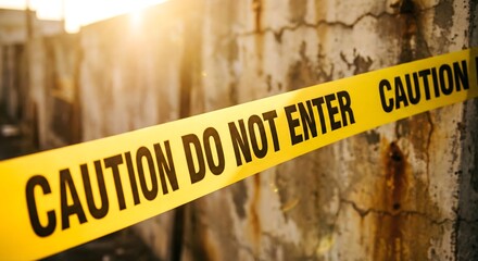 Close-up of yellow caution tape at an indoor construction site for safety and hazard prevention, warning sign in a renovated building with warm morning light.