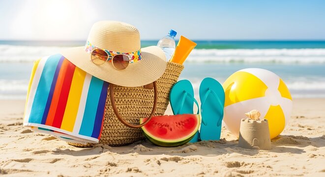 Beach scene with a hat, sunglasses, sunscreen, and a watermelon slice.