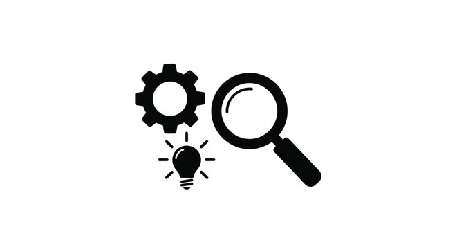 Black icons depicting a gear lightbulb and magnifying glass