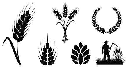 Fototapeta premium Black silhouettes of wheat stalks laurel wreaths and a farmer harvesting
