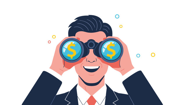 Happy businessman looking through binoculars with dollar signs in his eyes signifies financial vision and opportunity.