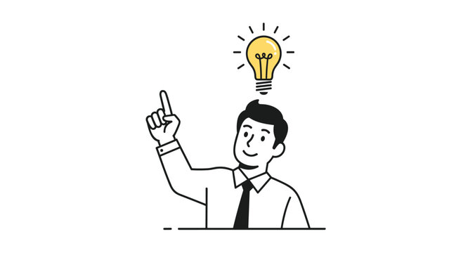 Outline drawing of a businessman pointing up with a glowing lightbulb idea above his head symbolizes a breakthrough.
