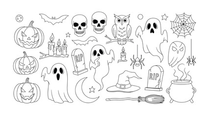 Obraz premium Extensive collection of Halloween line art icons including pumpkins, ghosts, bats, and skulls for spooky holiday decorations.