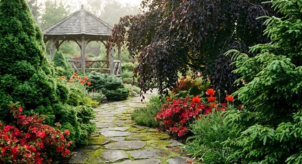 Obraz premium Professional Backyard Landscaping with Curved Stone Path, Lush Green Conifers, Vibrant Red Flowers, and a Wooden Gazebo in a Peaceful Outdoor Garden Setting During Daytime.