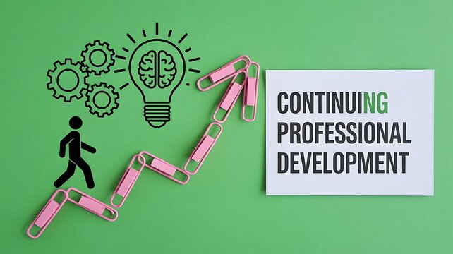 Continuing professional development concept with robotic hand guiding career growth steps and lightbulb idea symbol