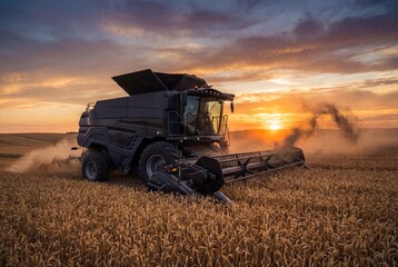 Obraz premium Black combine harvester harvesting wheat field at sunset