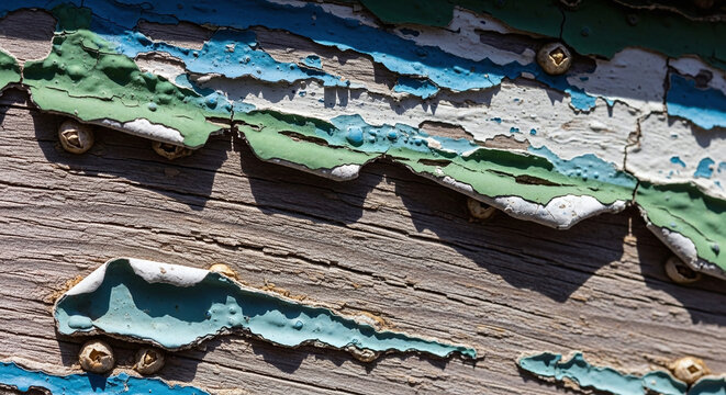 Closeup of a textured wooden surface with green, blue, and white paint chipping off in a wavy pattern.