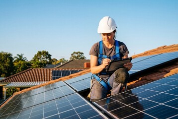 Female roofer inspecting solar panels on residential roof