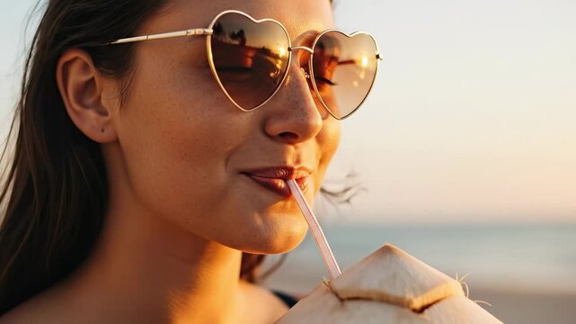 Young Caucasian woman with heart sunglasses drinking fresh coconut water on a tropical beach at sunset