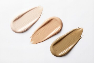 Fototapeta premium Three different shades of liquid foundation smeared as swatches on a white background