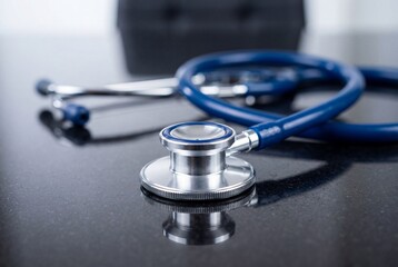 Close up of a blue medical stethoscope on a reflective surface