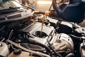 Fototapeta premium Mechanic pouring fresh motor oil into car engine during service