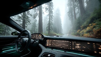 Futuristic Car Interior Driving Through Foggy Forest