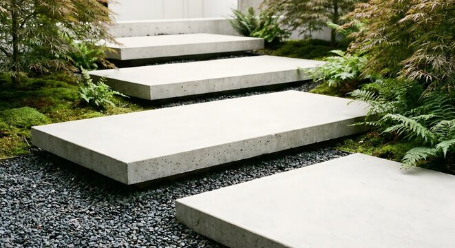 Modern minimalist outdoor garden landscaping with white floating concrete steps on grey gravel mulch, contemporary architectural stairs in a peaceful zen backyard during bright daylight