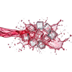 Dynamic red juice splash with falling ice cubes and liquid droplets isolated
