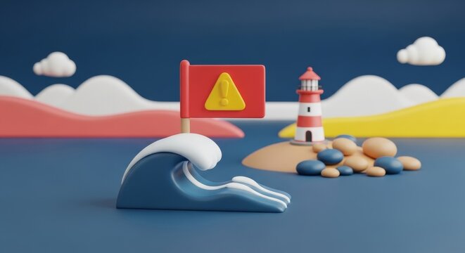 National Tsunami Awareness Week warning flag and lighthouse illustration