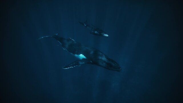 Humpback whale swimming in deep tropical waters, parent male bull with young child following in depths, slow motion