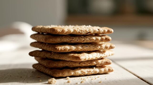 Stack of square baked biscuits with texture and crumbs on a wooden surface illuminated by warm light