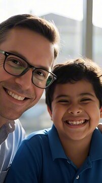 A man helps a young boy with schoolwork at a desk, father and son bonding, home education, parental support.