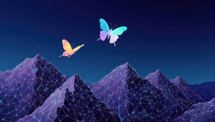 Fototapeta premium Two vibrant butterflies, iridescent in pastel hues, soar above a network of interconnected mountains rendered in a digital, wireframe style against a deep night sky