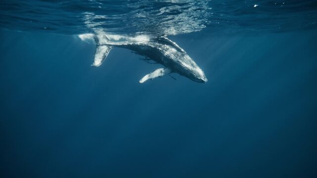 Humpback whale gliding just below sunlit ocean surface back arched as it rights itself and rolls upward, feeder remoras on belly, slow motion