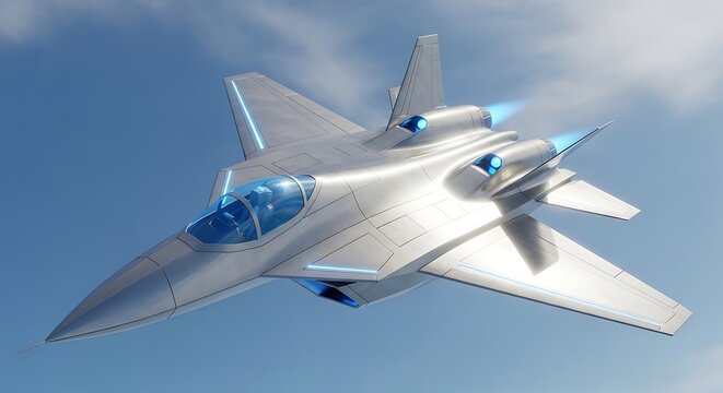Sleek silver fighter jet soaring through clear blue sky with contrails, viewed from below