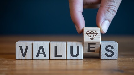 Naklejka premium Hand flipping wooden block to complete the word VALUES with a diamond icon for corporate culture.