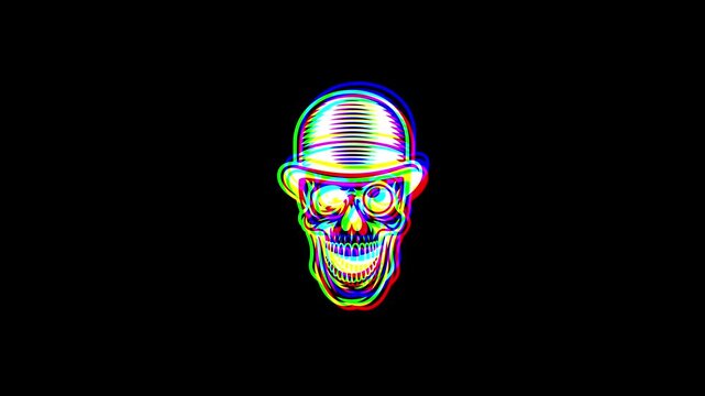 Animated gentleman skull wearing a bowler hat and monocle with a vibrant digital glitch effect, chromatic aberration, and RGB color shifts on a black background.
