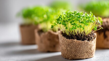 Fresh microgreens in biodegradable pots.