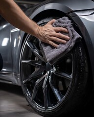 Hand cleaning a car wheel with a towel.