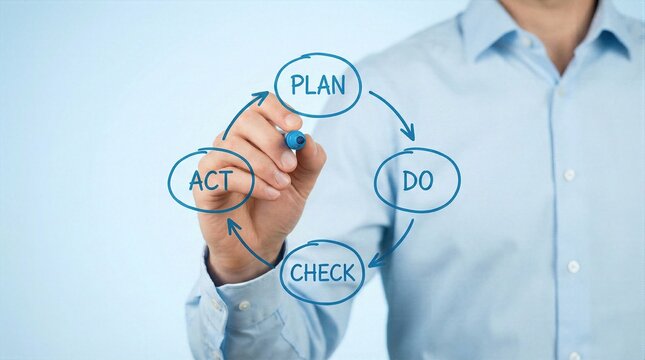 Businessman drawing PDCA cycle (Plan Do Check Act) on transparent screen for lean management, quality control, business process optimization, continuous improvement, corporate strategy planning and ef