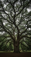Fototapeta premium Giant live oak tree captured from a low angle, showing massive spreading branches draped with moss, creating a dramatic natural canopy, evergreen, light, natural history