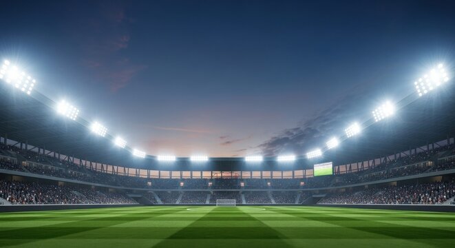 Empty soccer stadium with lush green grass in dramatic evening lighting with spotlights for sports event