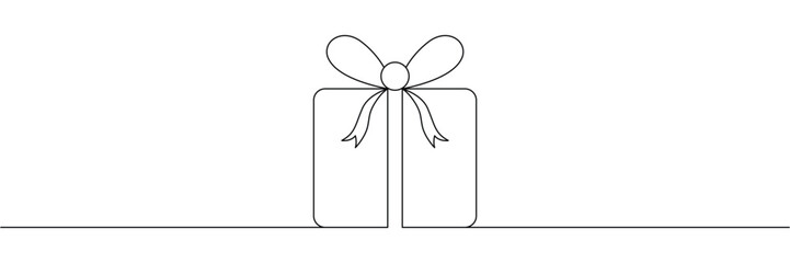Continuous one line drawing of a gift box with a ribbon bow for celebration events. Editable stroke outline. Draw thin linear width. Single contour art. Doodle hand drawn vector illustration