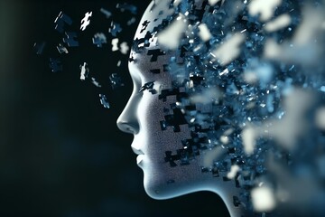 Obraz premium metallic puzzle human head transforming into digital particles. artificial intelligence and machine learning