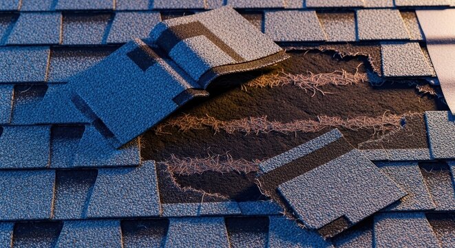 Severe storm damage to residential asphalt roofing shingles, showing missing tabs and exposed underlayment requiring urgent repair work, storm, ripped, aging