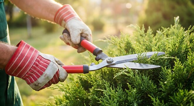 Close-up of an adult man gardener wearing protective gloves trimming a green shrub with red hedge shears in a sunny backyard garden during the day