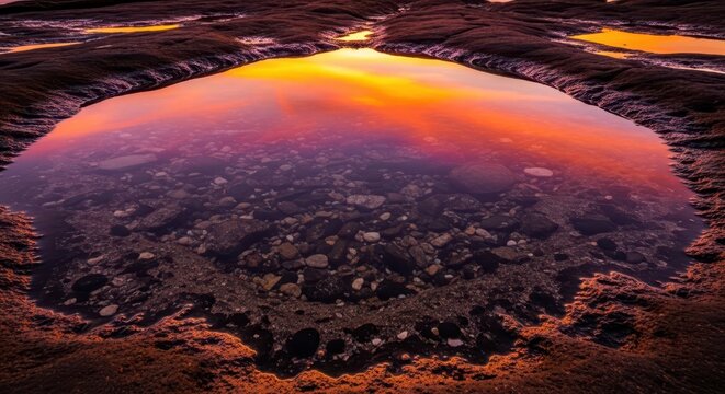 Vibrant colors of a breathtaking tropical ocean sunset vividly reflected in a small, crystal-clear coastal rock pool, ocean, paradise, natural