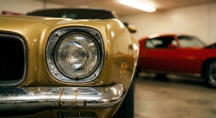 Obraz premium Close-up of a vintage mustard yellow muscle car headlight and chrome bumper in a garage, with a blurred red classic sports car in the background, showing automotive elegance and detail.