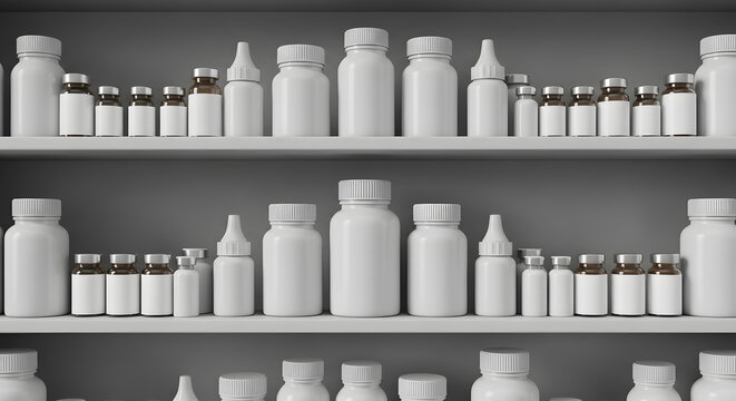 Pharmacy shelves with rows of generic medicine and supplement bottles and vials