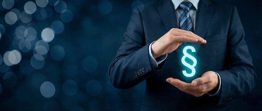 Businessman protecting glowing paragraph symbol with hands for legal justice law regulations and corporate compliance security concept