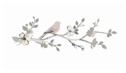 Floral Tree Branch with Bird Wall Art Sticker Concept Vector Illustration © Md