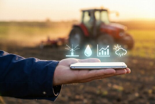 Smart agriculture technology concept with tractor in field and glowing icons for irrigation water weather and data analysis on smartphone in hand