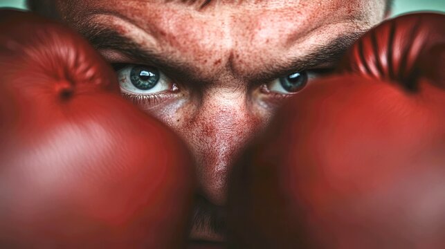 An extreme macro shot focused on the impregnable defense formed by a boxer's gloves and forearms in the high guard stance